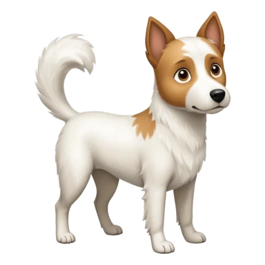 a full body large white parson russell looking dog the size of a kelpie with light brown flopped down ears and a light brown patch on one eye and a large snout sticker
