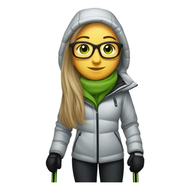 Green-eyed, slightly overweight female skier with long straight hair, glasses, light grey snow jacket, long black pants, black only snow boots, wearing black skis standing tall. sticker