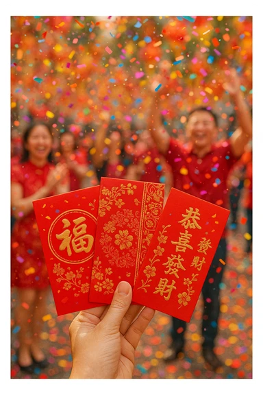 Chinese New Year red envelopes with confetti, joyful celebration sticker