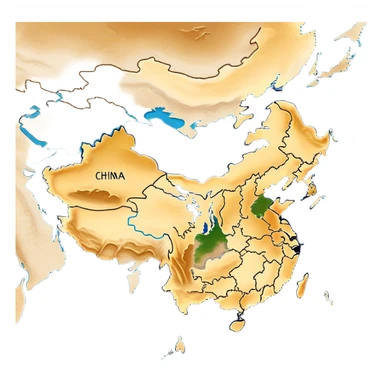 Cinematic-realistic outline of china, featuring its distinct landmass with accurately defined coastlines. The deep blue ocean surrounds the golden-brown continent, with subtle topographic shading to highlight its terrain. A soft glowing effect enhances the edges, making the shape stand out against a neutral, textured background. sticker
