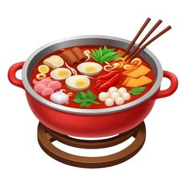 Sichuan Hot Pot with spicy red broth and ingredients, simplified emoji style with bold outlines and bright colors, cartoon style traditional Chinese divided hot pot sticker