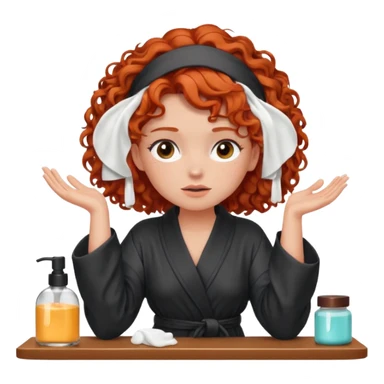 Cartoon emoji of a girl with voluminous curly red hair, fair skin, warm brown eyes. Wearing a chic milky silk robe with long sleeves, no makeup. Sitting at a vanity full of skincare products, holding her head with both hands, unsure which to choose. Smooth, simple, stylized." sticker