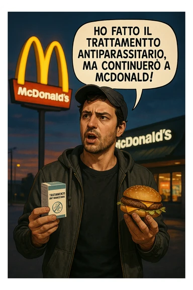 A realistic, cinematic illustration of a man in his early 30s with a confused yet stubborn expression, standing outside a McDonald's at dusk, holding a small box labeled 'Trattamento Antiparassitario' in one hand while holding a large McDonald's burger in the other. He is mid-sentence, saying 'Ho fatto il trattamento antiparassitario, ma continuerò a mangiare al McDonald!' in an expressive speech bubble. The man wears casual streetwear, and behind him, the McDonald's golden arches glow under a neon-lit sky. The mood is ironic and educational, highlighting the contradiction of doing parasite cleanses while continuing unhealthy fast-food habits. The style is realistic with slight illustrative clarity, emphasizing the message humorously while maintaining a serious undertone about lifestyle choices and health in italiano sticker