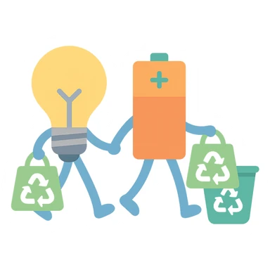 a lightbulb and a battery holding hands, each carrying bags to recycle, walking together toward a recycling bin sticker
