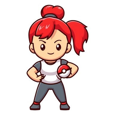 female pokemon trainer with red hair in a ponytail, holding a pokeball, confident pose sticker