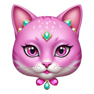 glamorous cat portrait, head and shoulders only, exaggerated pink makeup, bright eyeshadow, long eyelashes, shiny blush cheeks, sparkling face gems, glitter accents, elegant earrings, fantasy beauty style, cute 3D cartoon, mobile game icon style, clean background, no text, no watermark
 sticker