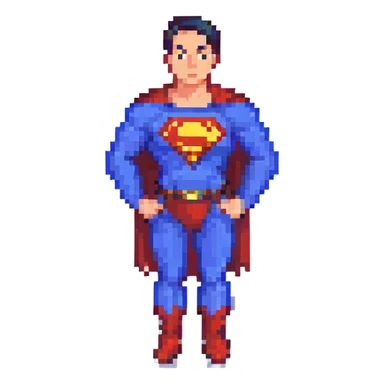 Superman, hands on hips, pixel art style sticker