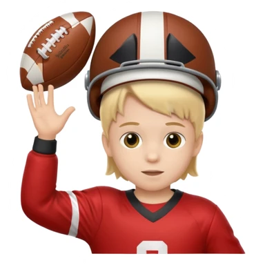 A child stands in a football costume, holding an actor's hat sticker