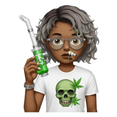 brown short wavy haired zombie getting stoned with weed t shirt and bong on his hand and wearing black chrome hearts bifocals sticker