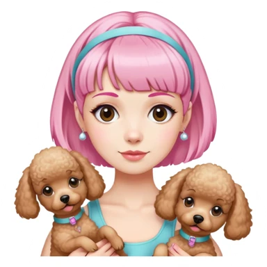 short pixie bangs platinated woman pink hair band，fair-skinned ,no earringsholding two poodles sticker
