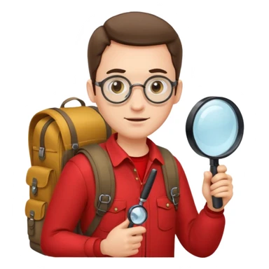 Explorer man with red shirt backpack and magnifying glass sticker