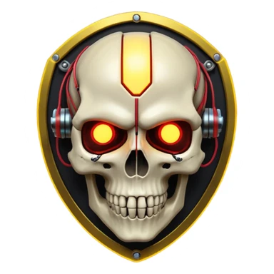 Cyberpunk shield, skull with cybernetic implants, glowing wires, dark yellow and red tones, no background sticker