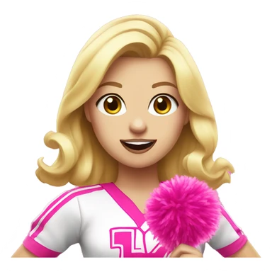 blonde cheerleader wearing pink uniform holding pink pompoms, pink bubblegum on mouth sticker
