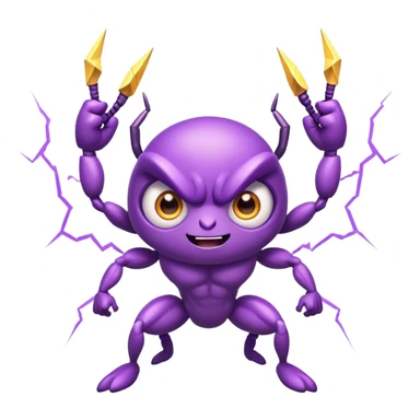 cute purple bug with big expressive eyes, strong muscular arms, a fun happy expression, and electric lightning bolt arms sticker