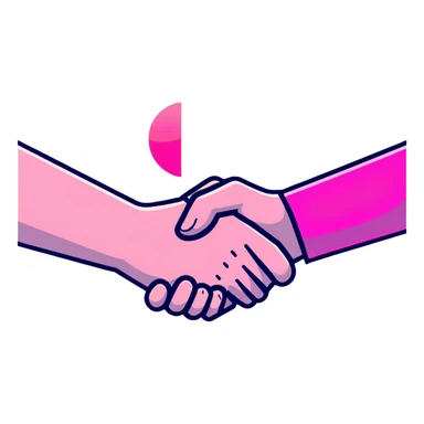 handshake, transparent glass with bright pink gradient from #FF335F to #FF99AA, soft glow and shadows, minimalistic sticker