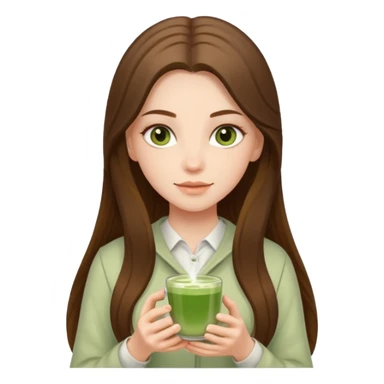 white long brunette hair girl with hazel eyes wearing light who is holding matcha sticker