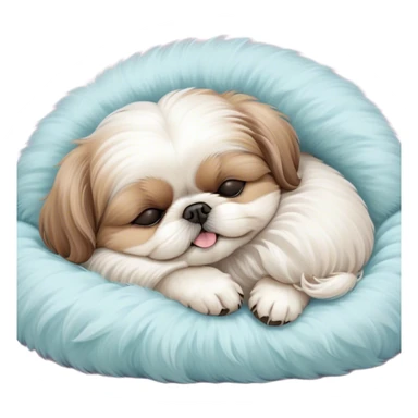 Meme-Worthy Cute Sleeping Shih Tzu Portrait Emoji, Head resting peacefully with a tender, contented smile and eyes delicately closed in serene slumber, showcasing a luxuriously fluffy fur in soft pastel tones, simplified yet irresistibly adorable, highly detailed, glowing with a warm, drowsy radiance, high shine, exuding calm, cozy charm, styled with a gentle, soft glowing outline, capturing the essence of a sleeping Shih Tzu that radiates utterly adorable, sleepy bliss! sticker