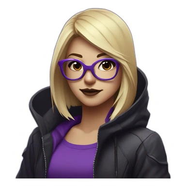 Girl blond developer with round glasses left side behind his laptop with this style: Valorant Riot Game purple character purple black hooded hacker  sticker