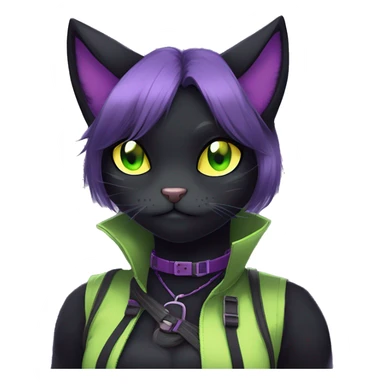 Gorgeous furry gothic dark techwear anime style anthro black cat furry sona Fakemon with blushing face yellow-green eyes with ponytail, aesthetic and pretty edgy black with violet collar and harness trending style sticker