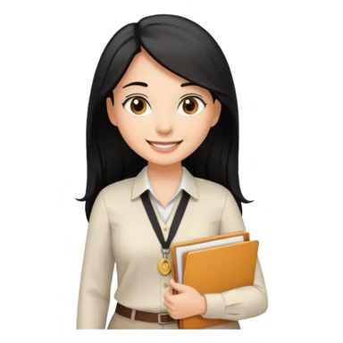 a light tan woman with long black hair past mid-back, round brown eyes, with folders in her hands. she has a id lanyard on and white professional blouse. sticker