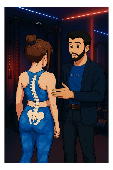 ispirati a questo stile di disegno e fai questa immagine in versione manga/webtoon a colori, il manga mostra la donna di spalle, mentre l'uomo le tocca la spina dorsale per spiegarle come funziona la scoliosi:
Con una scoliosi il baricentro corporeo cade maggiormente da un lato; per non cadere la schiena compensa accumulando tensione sul fianco opposto.
Il risultato? Si inclina e ruota sempre più, fino a che non cede (discopatie, artrosi, ecc) sticker