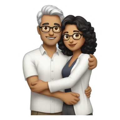 Indian woman with medium curly hair hugging a tall white man with black hair and glasses in a white shirt sticker