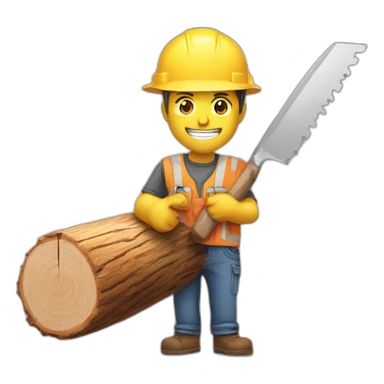 Work comes out a wooden log and a saw in one hand sticker