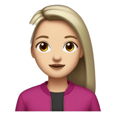 white girl with brown eyes, long straight dark brown hair, curtain bangs, and a magenta jacket sticker