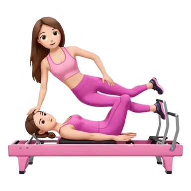 long brown hair girl doing a plank on a pilates reformer in a pink workout set sticker
