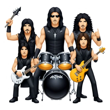 Icon for Heavy Metal: Anthrax live concert with Charlie Benante on drums, Joey Belladonna on vocals, Frank Bello on bass, Jonathan Donais and Scott Ian on guitars. The intense energy of the band is captured with instruments and stage lighting. Transparent background. sticker