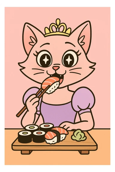princess cat eating sushi, anime style, sparkling eyes, pastel colors, delicate tiara sticker