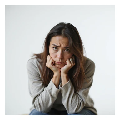 woman with vitamin B12 deficiency, tired and fatigued expression, prominent dark circles, slouched or seated posture with lowered shoulders, realistic environment, hyperrealistic 4K details, vertical 9:16 format, neutral or white background sticker