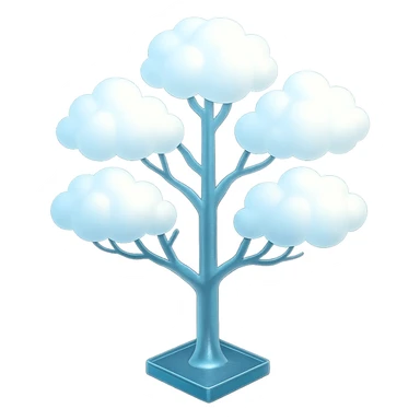 one tree with many branches and a white trunk, crown made of small very bright white fluffy convex clouds, matte glass style sticker