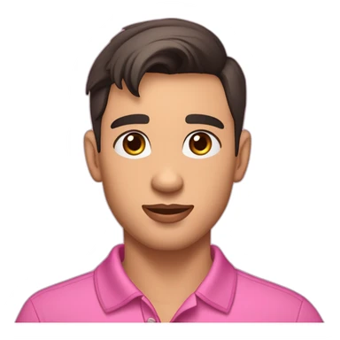 young handsome man with straight short dark hair and dark eyes with large eyelashes and plump pink lips protruding cheekbones in a sports polo shirt with a dog sticker