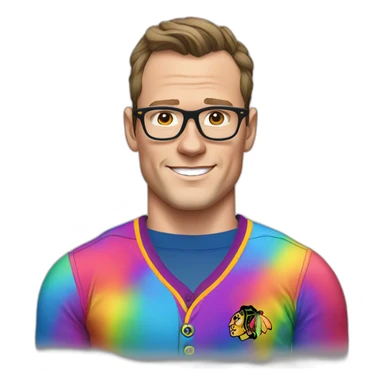 Jonathan Toews wearing glasses and rainbow clothes sticker