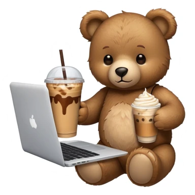 A teddy bear holding an iced coffee and using a laptop. sticker