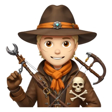 male human monster hunter emoji, wearing brown leather coat and wide hat, holding crossbow or rifle, with amulet shaped like skull, Halloween fantasy theme, confident smile, orange scarf, Apple emoji style, clean white background, square image sticker