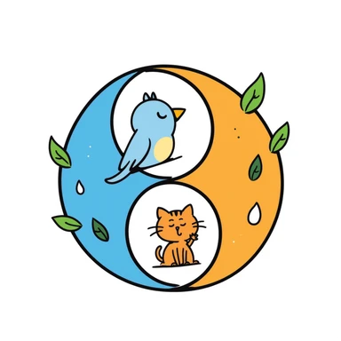 A colorful yin-yang symbol in blues and oranges with gentle leaf patterns in green, representing harmony and balance. Hand-drawn doodle style with vibrant colors. sticker