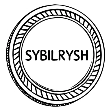 A gold textured coin with the text "SYBILRYSH" inscribed in the center. The coin has a rim with detailed gold grain pattern and metallic shine. sticker