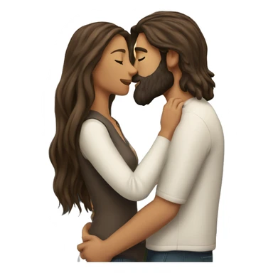A couple in love, he with a beard, she with long hair, the brunettes are white, they kiss against the background of the mountains sticker