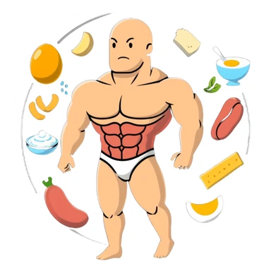 A floating warm orb with bright food icons (meat, egg, beans, tofu, yogurt) orbiting around a semi-transparent muscular human body. The body glows from within, with visible muscle fibers vibrating and expanding. sticker