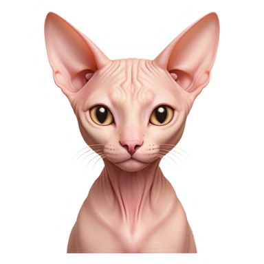Cinematic Noble Sphynx Cat Portrait Emoji, Poised and regal, with smooth, hairless skin in warm peach and soft pink tones, striking large ears and intense almond-shaped eyes, Simplified yet sharp and sophisticated features, highly detailed, glowing with a soft, dignified glow, high shine, intelligent and graceful, stylized with an air of elegance, focused and attentive, soft glowing outline, capturing the essence of a watchful and refined feline, so majestic it feels as though it could glide across the screen with effortless confidence! sticker