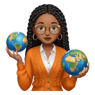 a young woman wearing fine gold round glasses and black hair in several box braids, no earrings, she has light black skin, and she's wearing a white shirt with an orange-terracotta cardigan on top. She's holding a globe in one hand sticker