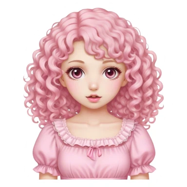 Pale girl, Curly hair with colour pink soft, with gyaru pink dress, make up baby doll sticker