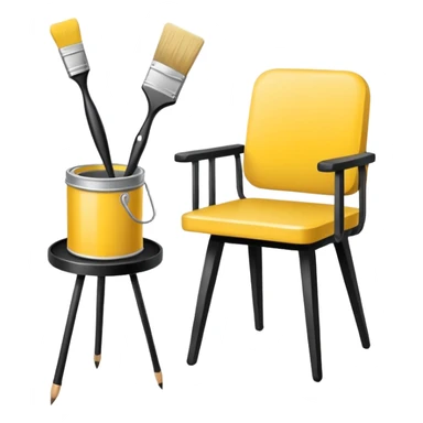 Minimalistic flat vector icon, iOS style, thin black contour on white background. A simple chair colored yellow, next to it a paintbrush and a small paint can. No text, no shadows.
 sticker