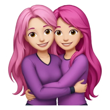 Surprisingly goofy once they open up. Strong, loyal, and incredibly supportive — but still hates wasting time. one woman long pink hair hugging another woman with dark hair sticker