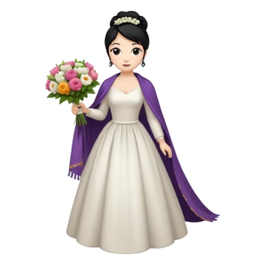 Chica blanca,cuerpo entero, vestido boda ,manga larga ,con estola, pelo negro,    ramo de flores una mano, pelo recogido en moño alto sticker