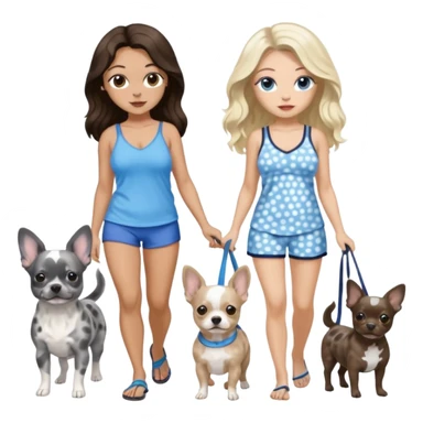 2 pretty women in beach clothes, one hazel eyed light skin with dark brown wavy long hair, walking a blue and gray spotted Merle Frenchie the other blue eyed light skin long blonde hair walking a black chihuahua  sticker