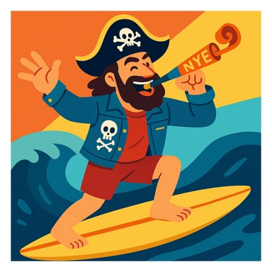 adult male surfer, pirate hat, denim jacket with skull patch, NYE noisemaker, dynamic pose, modern illustration sticker