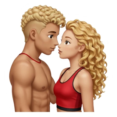 athletic man, high top fade, blonde curly hair only top only, no shirt and Athletic girl with long light RED wavy long hair and black sports, Put them together kissing, or holding hands give the girl red hair  sticker